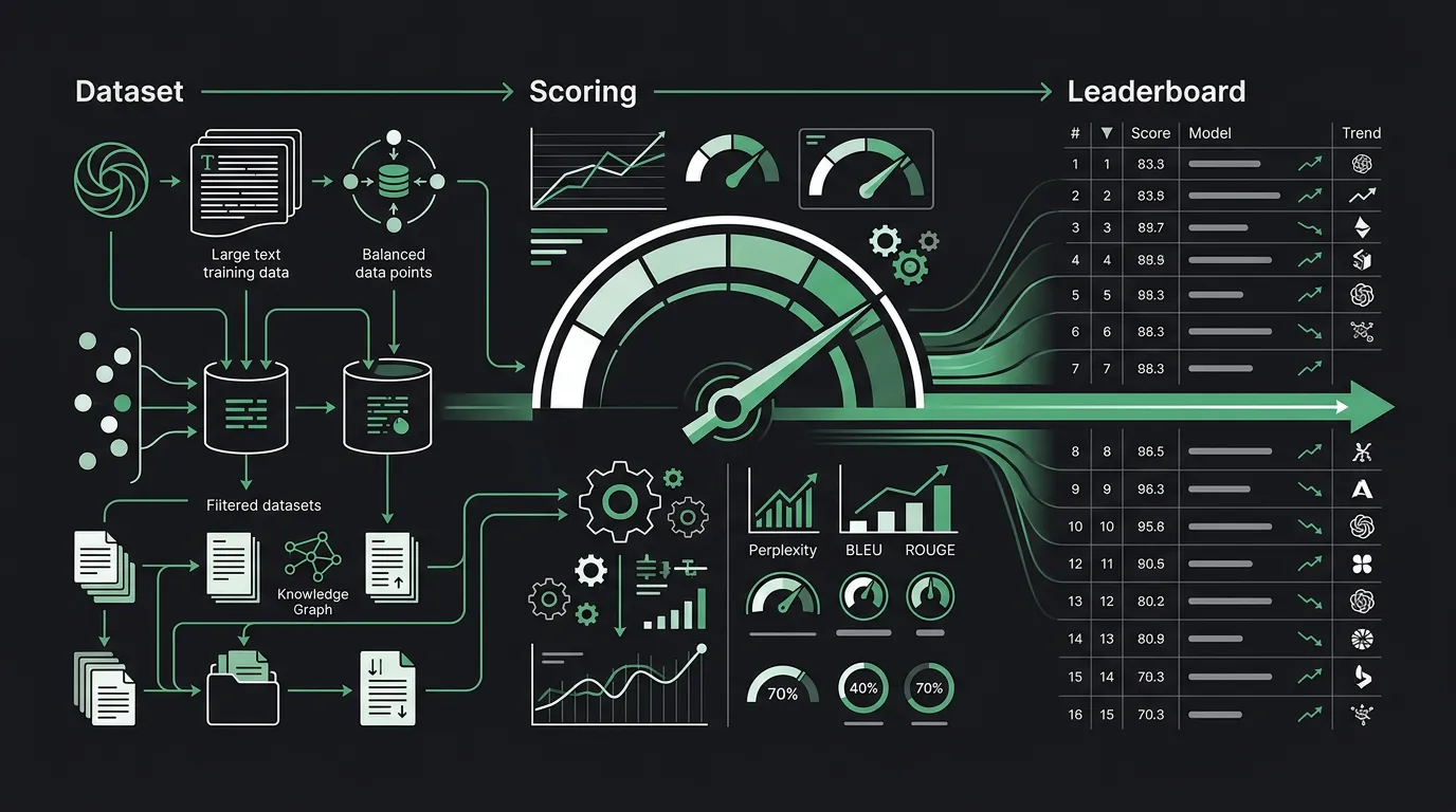 Diagram of the AI benchmarking pipeline from dataset to scoring to leaderboard, with a tokens-per-second speed gauge highlighted in green as the deciding axis