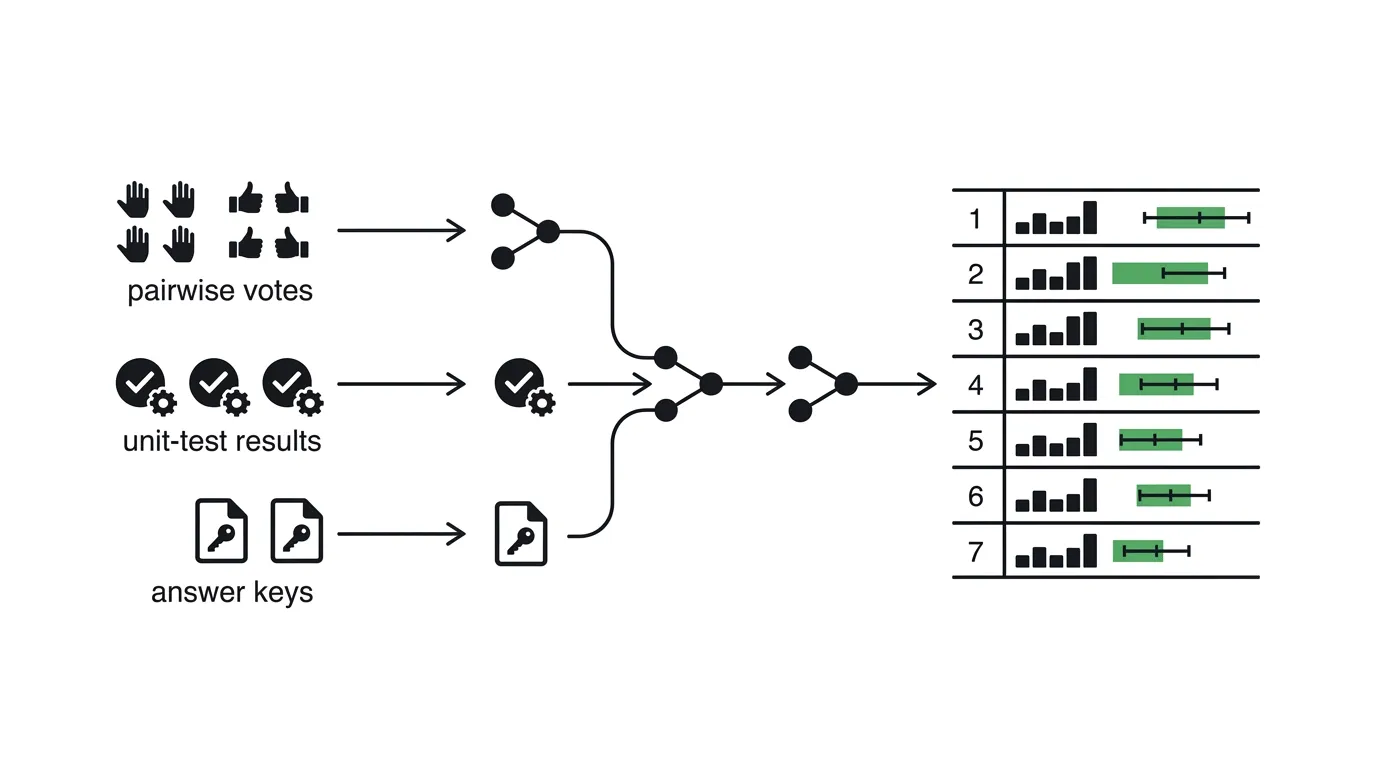 Diagram of a leaderboard pipeline turning pairwise votes, unit-test results, and answer keys into ranked scores with confidence-interval bars