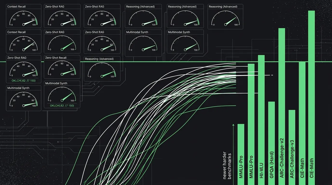 Array of AI benchmark gauges and rising capability-score curves saturating against a ceiling line, with harder new benchmarks breaking through as fresh ascending green data bars