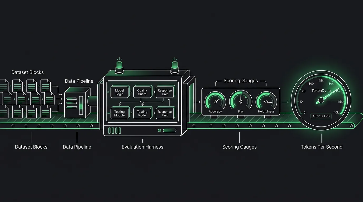 AI benchmarking pipeline as an assembly line: dataset blocks feed an evaluation harness, then scoring gauges, ending in a green tokens-per-second speed dial