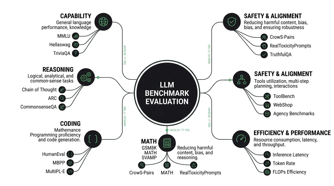 Taxonomy diagram branching a central LLM evaluation node into capability, reasoning, coding, math, safety, agentic, and efficiency benchmark clusters with a green accent