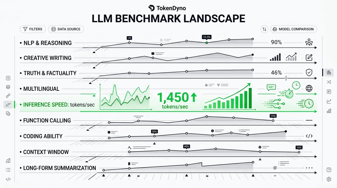 A minimalist landscape map of LLM benchmark categories shown as labeled lanes on a near-black-on-white data dashboard, with the inference-speed lane highlighted in green