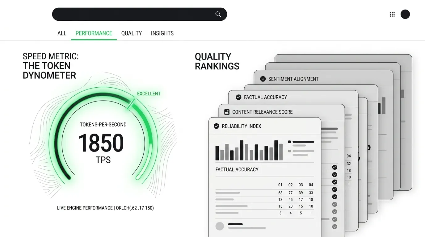 A single green tokens-per-second speed gauge standing apart from a stack of grey static quality-ranking leaderboard cards on a near-black-on-white results page