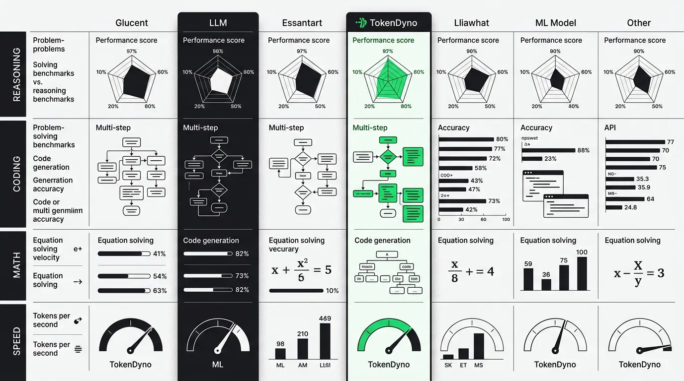 Several LLM scorecards aligned side by side across reasoning, coding, math, and speed axes, normalized into one comparison grid, near-black on white with a single green data accent