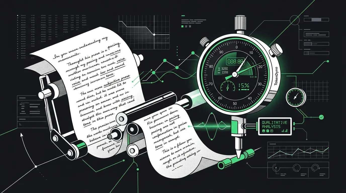 Editorial illustration of a written manuscript page measured on a precision dial gauge, near-black on white with a single green accent, evoking the difficulty of scoring subjective prose