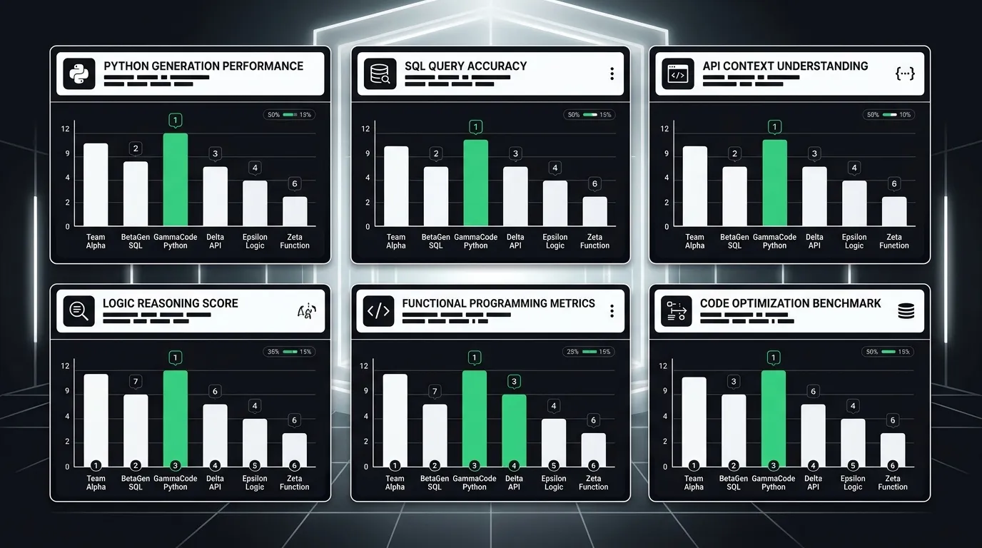 Grid of six coding-benchmark leaderboard panels, each a ranked bar chart of code-generation scores