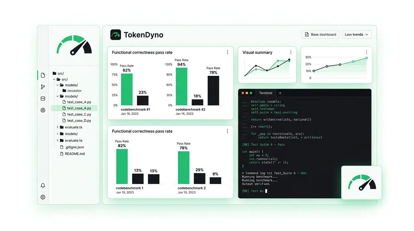 Clean white evaluation dashboard comparing code-generation AI models, green functional-correctness pass bars, a repository file tree, and a terminal pane