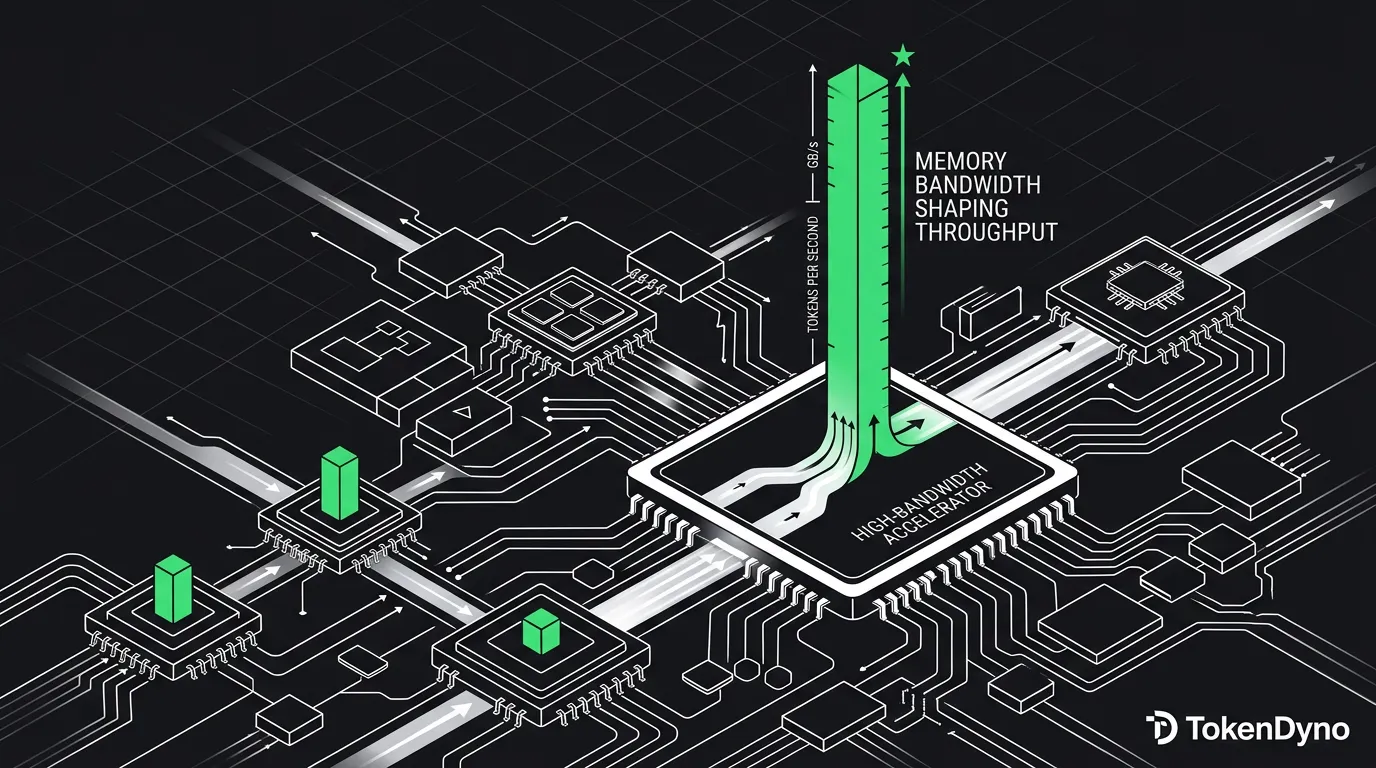 Grid of differently sized accelerator chips linked by data pathways, with a tall green tokens-per-second bar rising from the highest-bandwidth chip on a white field