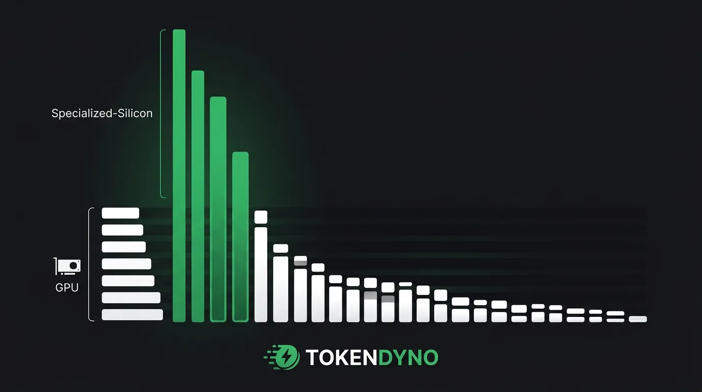 Horizontal bar chart of LLM provider inference speeds, tall specialized-silicon bars in green towering over short GPU bars on a near-black background