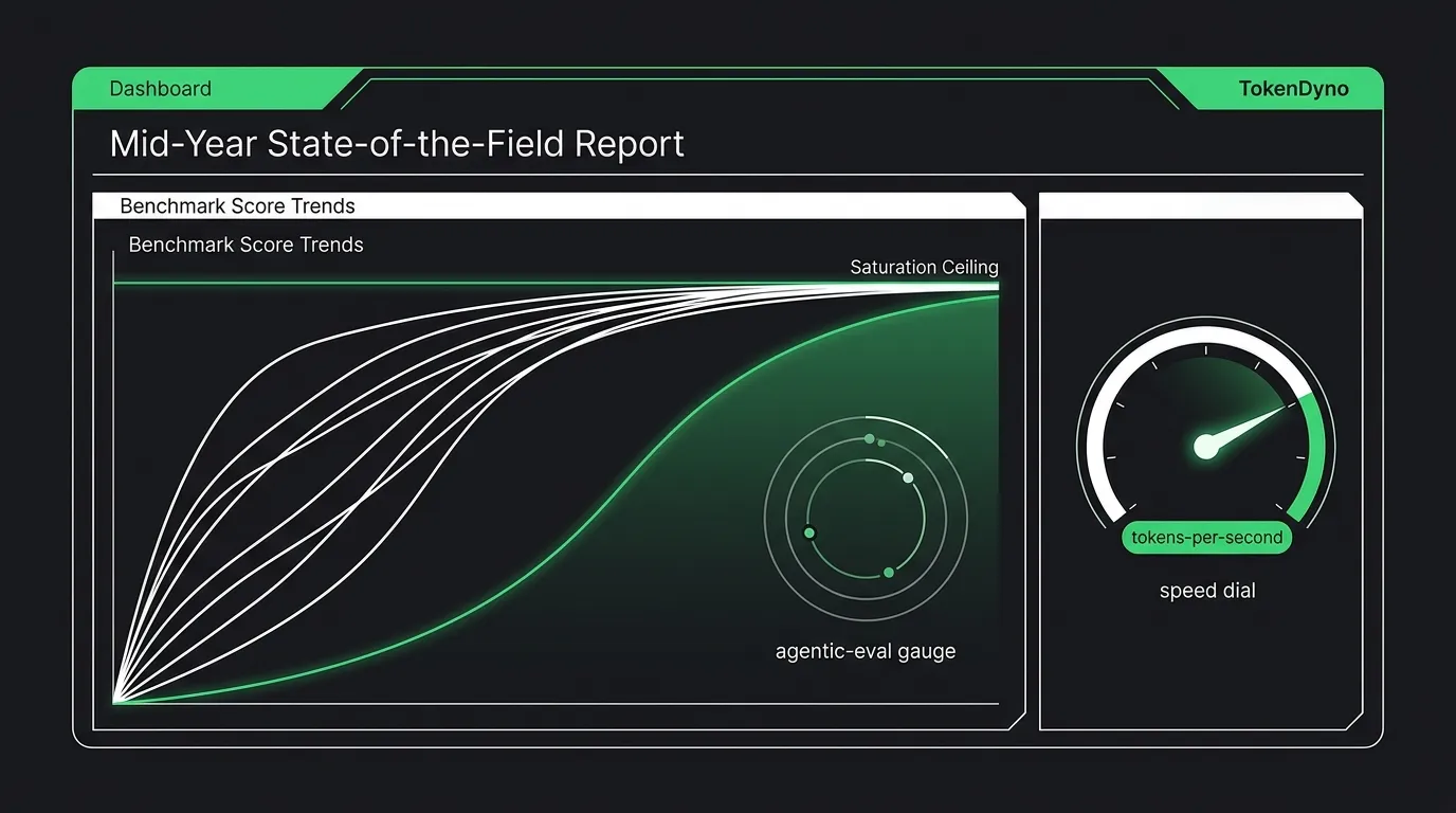 Editorial dashboard of LLM benchmark score curves flattening into a saturation ceiling beside a rising agentic-eval gauge and a green tokens-per-second speed dial