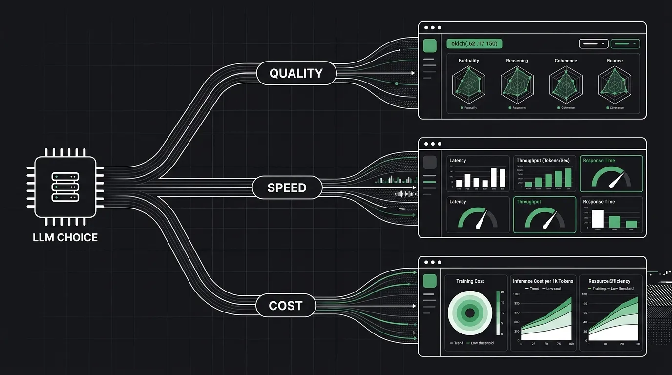 A decision tree splitting one LLM choice into three labeled paths, quality, speed, and cost, each ending in a different benchmark scorecard, near-black on white with a single green data accent