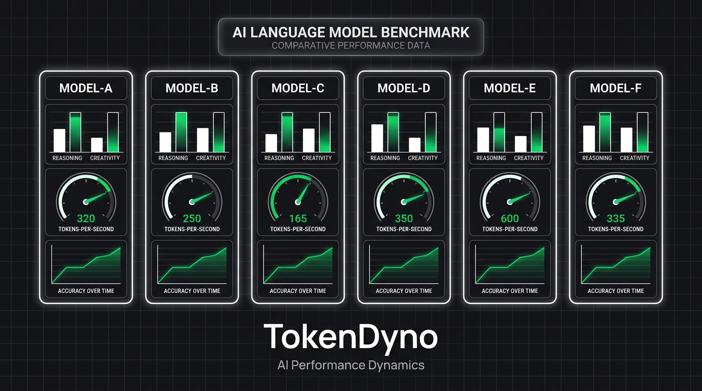 LLM benchmark scoreboards comparing AI language models with bar charts, tokens-per-second gauges, and rising score lines