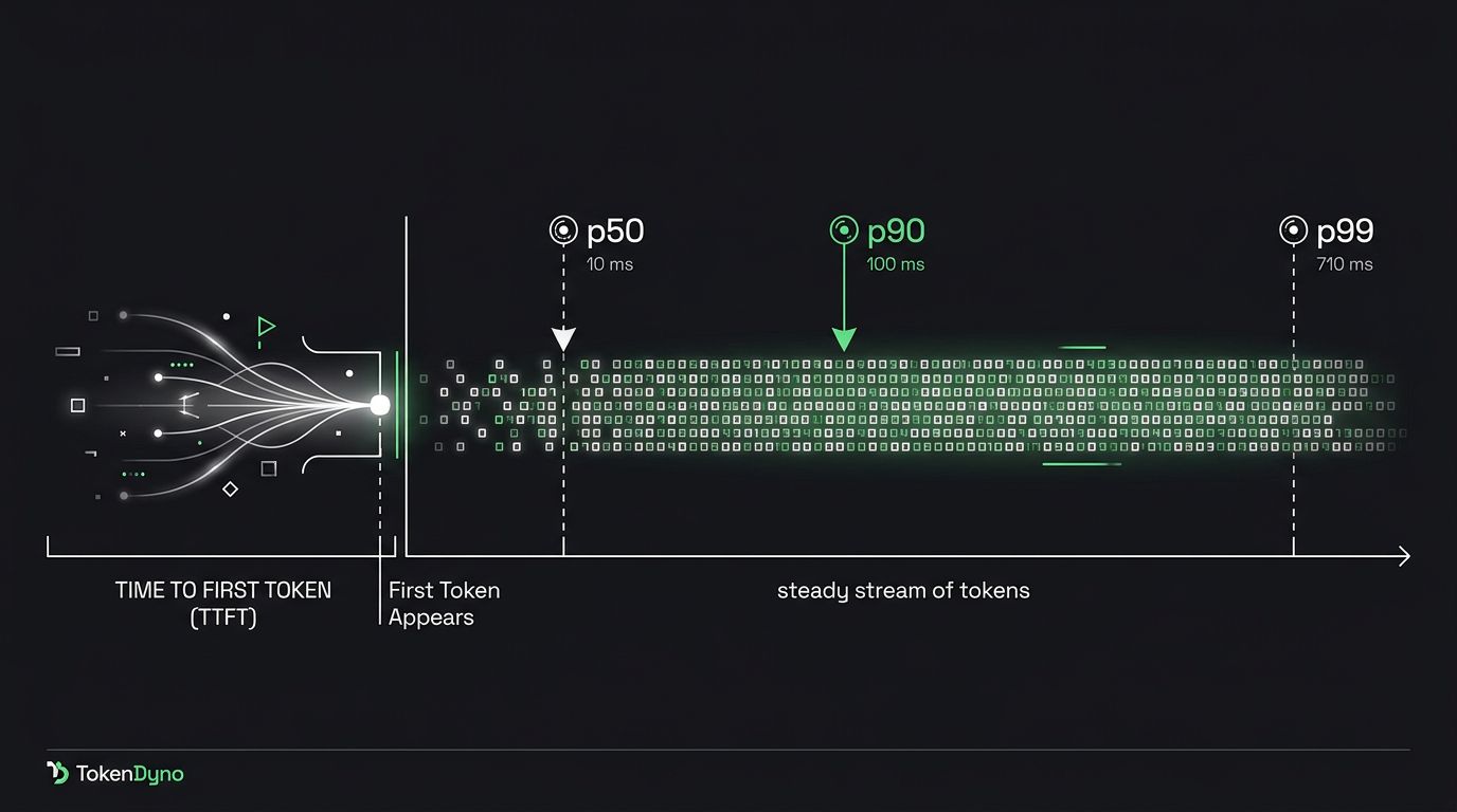Latency timeline showing the wait before the first token, a steady token stream, and p50 p90 p99 tail markers in green on a white grid