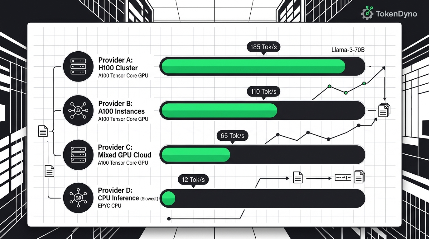 Side-by-side horizontal bar chart comparing output tokens per second for the same LLM across multiple inference providers, green data bars of different lengths on a white grid