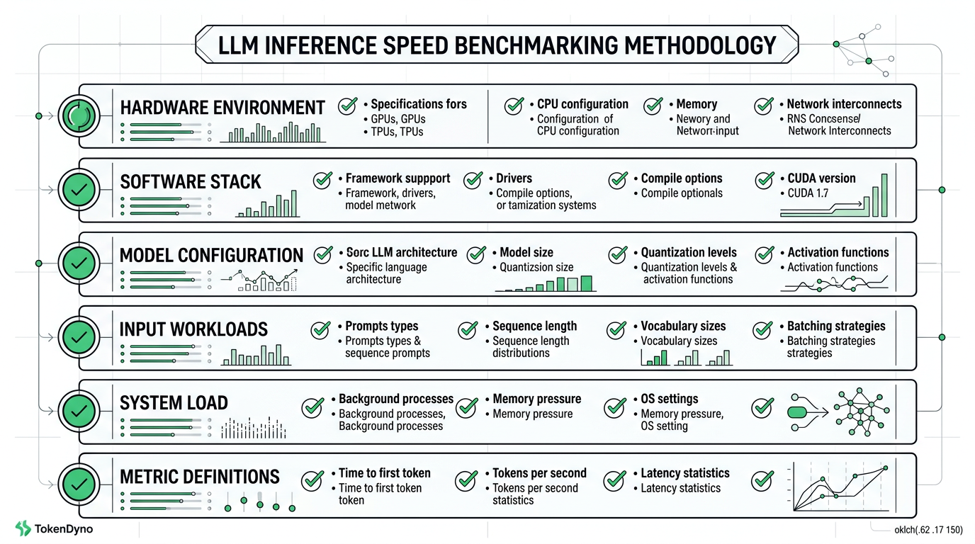 Methodology checklist diagram for benchmarking LLM inference speed, controlled variables as labeled rows in near-black on white with a single green accent