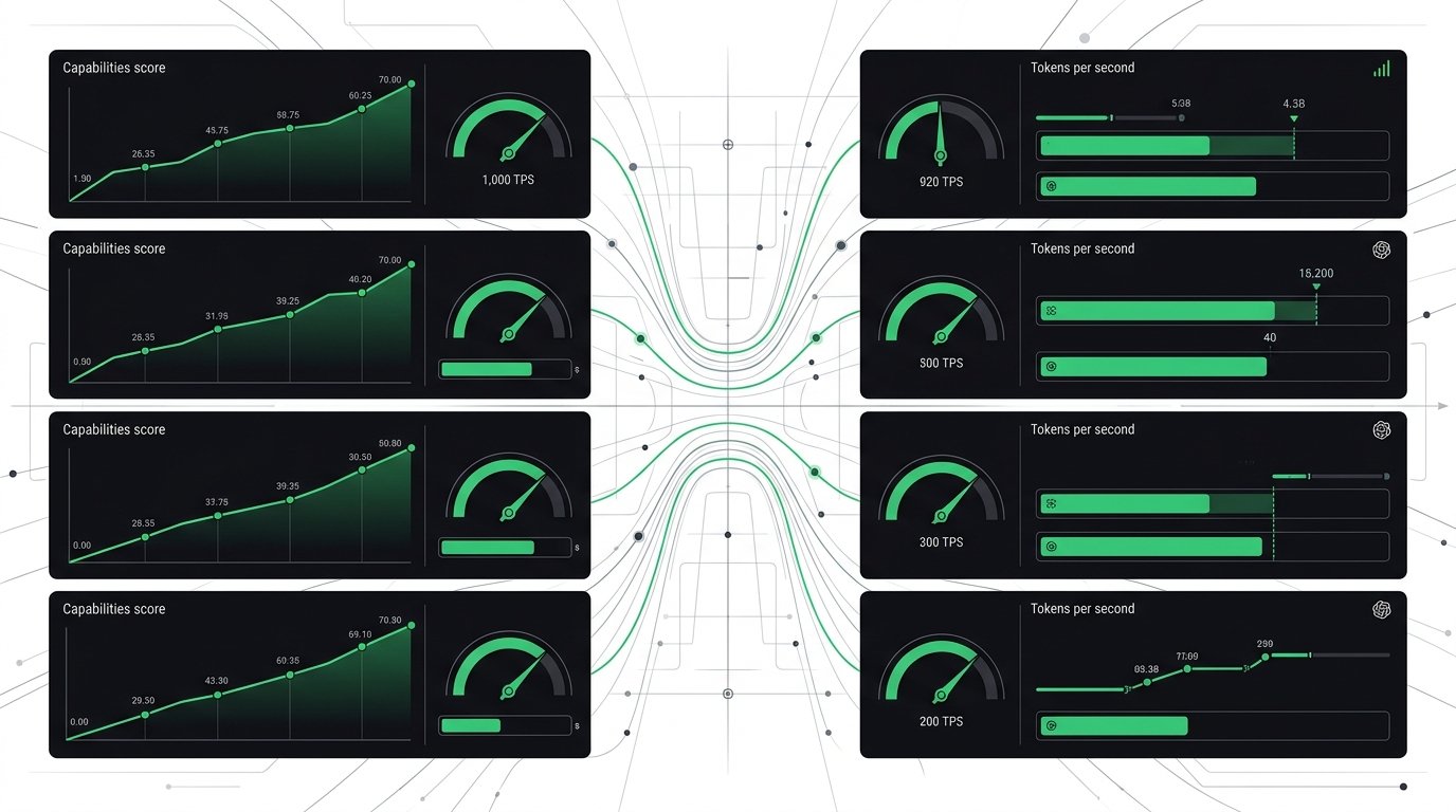 Split scoreboard comparing AI models on two axes: a rising capability score line and a tokens-per-second speed gauge